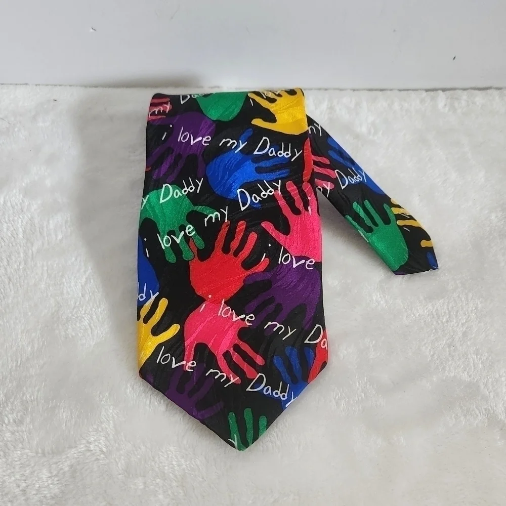 RM Style Ralph Marlin Black Silk Vintage 1996 I Love My Daddy Hands Necktie Tie